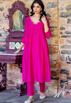 Embroidered Neckline Chanderi Straight Kurta Set in Fuchsia