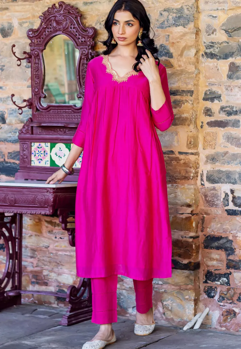 Embroidered Neckline Chanderi Straight Kurta Set in Fuchsia