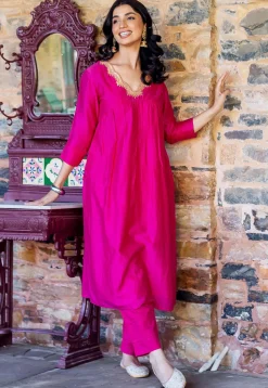 Embroidered Neckline Chanderi Straight Kurta Set in Fuchsia