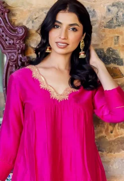 Embroidered Neckline Chanderi Straight Kurta Set in Fuchsia