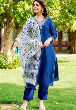 Embroidered Neckline Chanderi Silk Pakistani Suit in Royal Blue