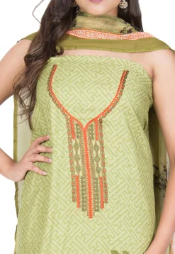 Embroidered Neckline Cotton Pakistani Suit in Light Olive Green