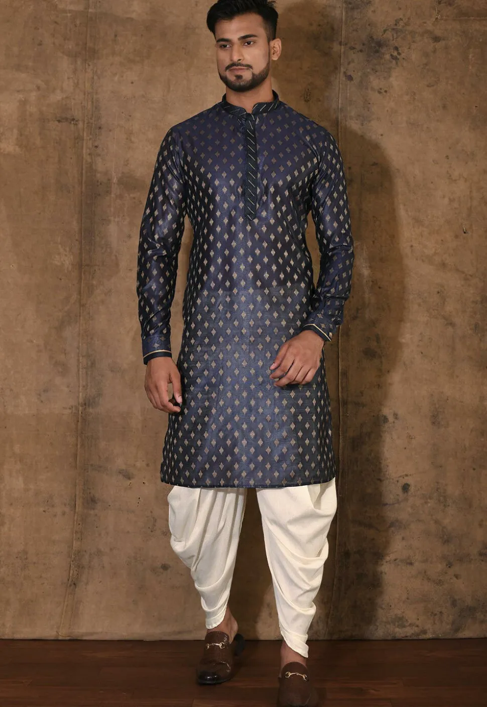Embroidered Neckline Cotton Silk Kurta Set in Navy Blue