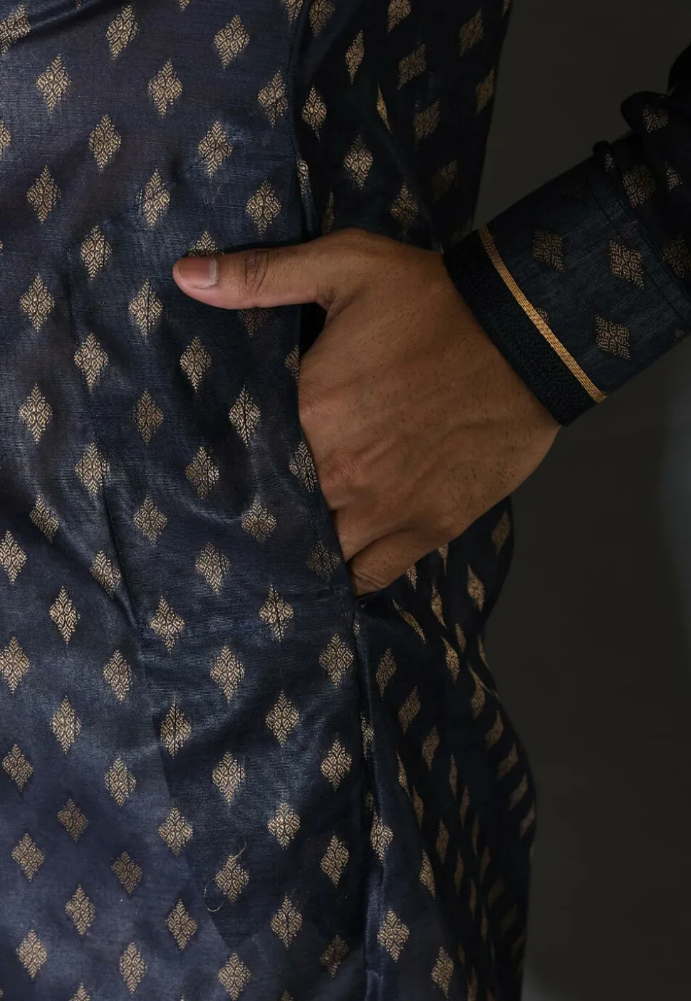 Embroidered Neckline Cotton Silk Kurta Set in Navy Blue