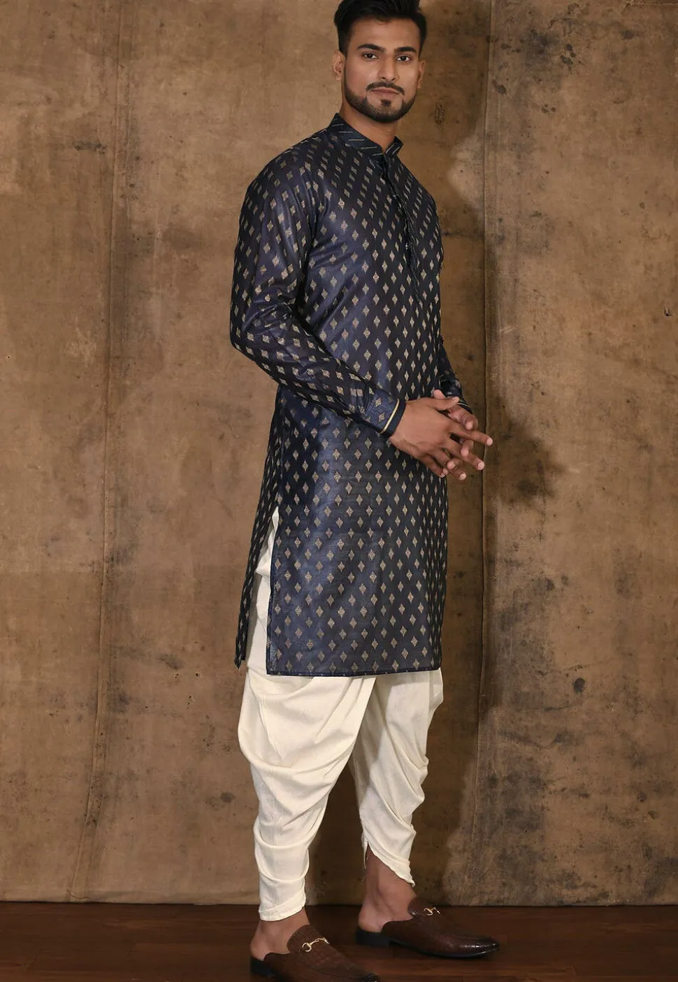 Embroidered Neckline Cotton Silk Kurta Set in Navy Blue
