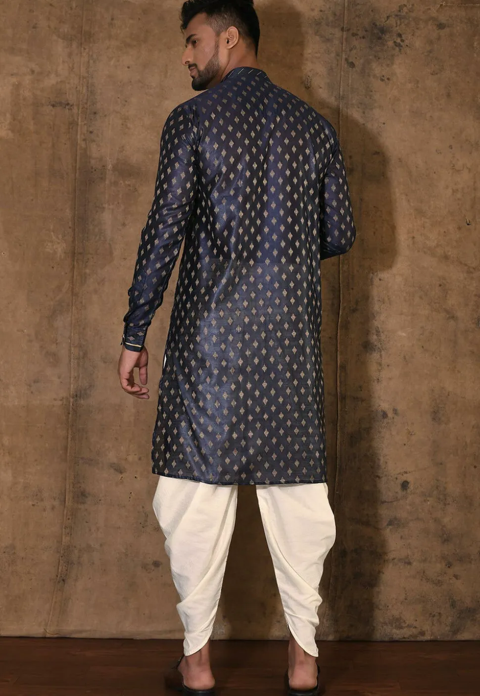Embroidered Neckline Cotton Silk Kurta Set in Navy Blue