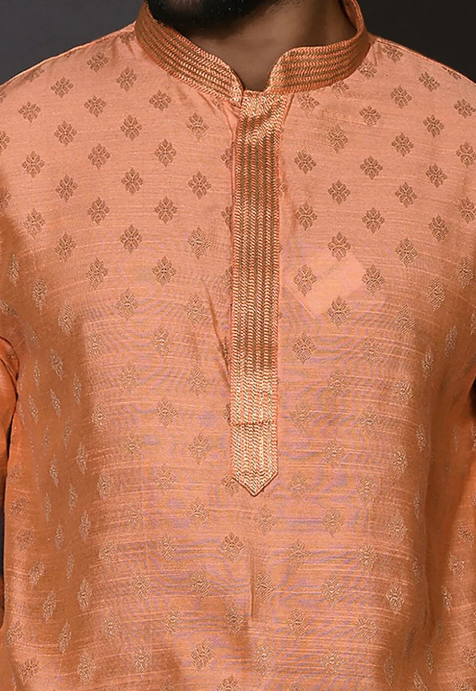 Embroidered Neckline Cotton Silk Jacquard Kurta Set in Peach