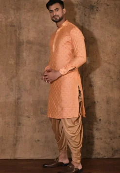 Embroidered Neckline Cotton Silk Jacquard Kurta Set in Peach