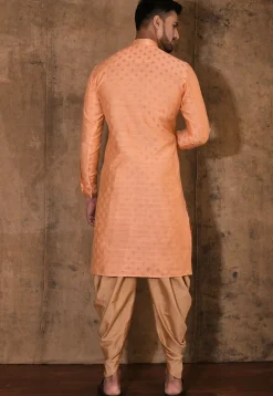 Embroidered Neckline Cotton Silk Jacquard Kurta Set in Peach