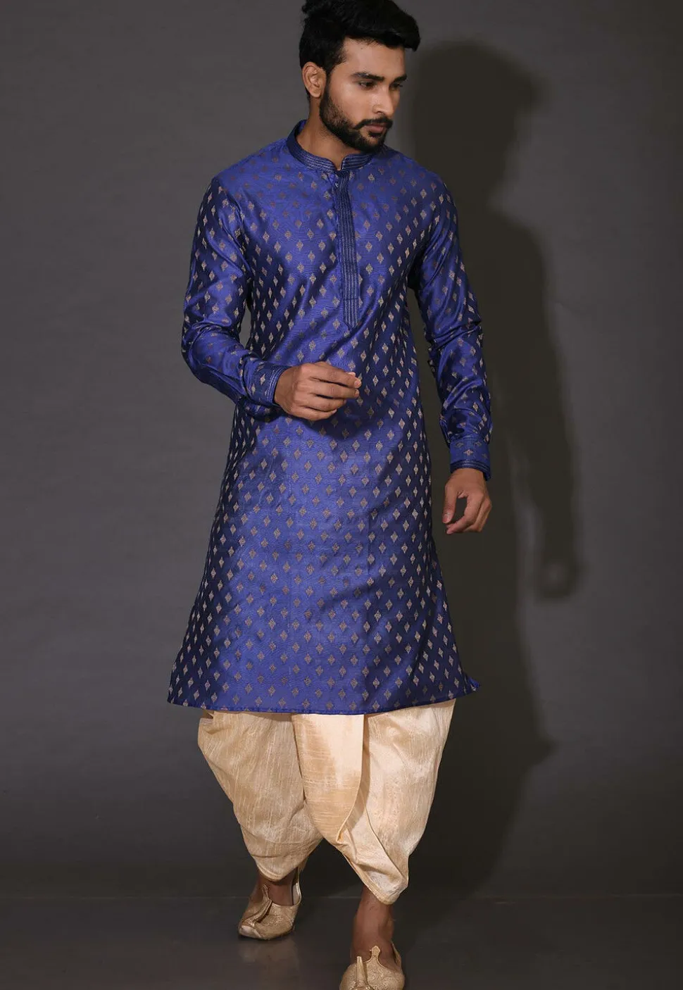 Embroidered Neckline Cotton Silk Dhoti Kurta in Royal Blue