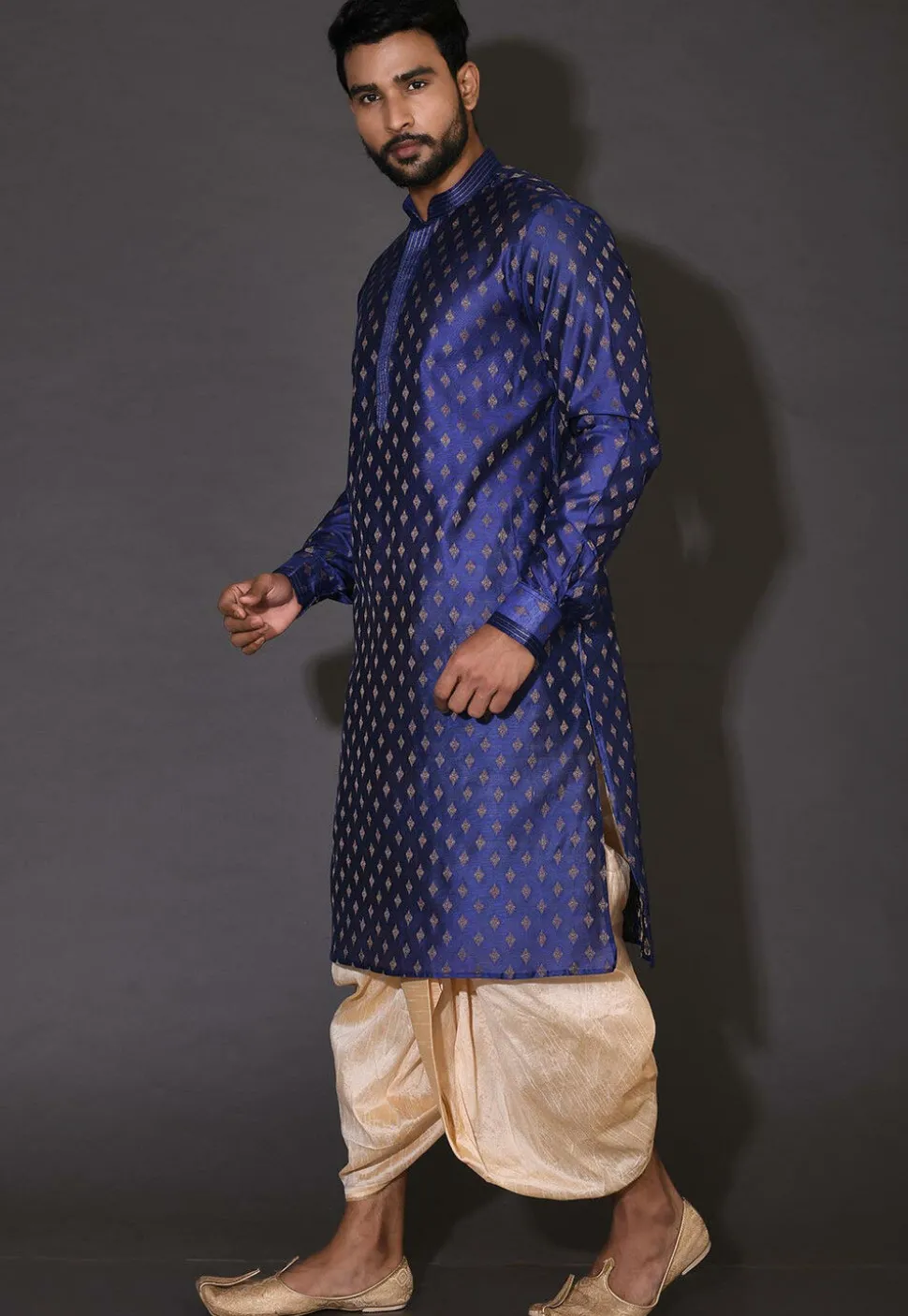 Embroidered Neckline Cotton Silk Dhoti Kurta in Royal Blue