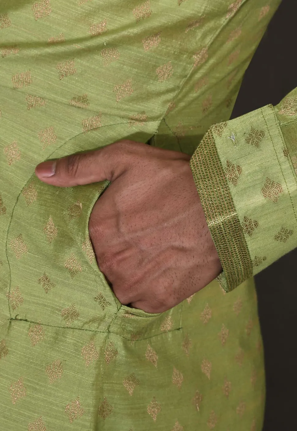 Embroidered Neckline Cotton Silk Jacquard Kurta Set in Green