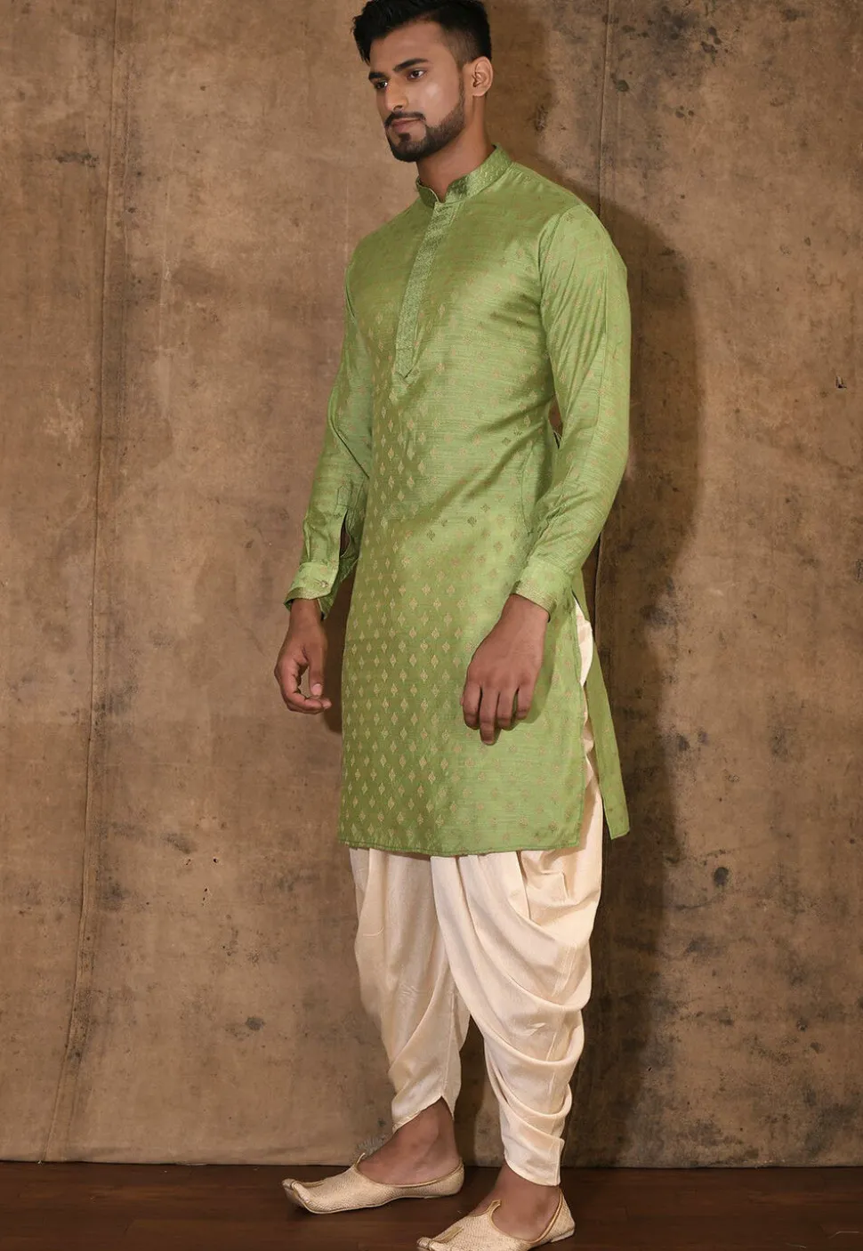 Embroidered Neckline Cotton Silk Jacquard Kurta Set in Green