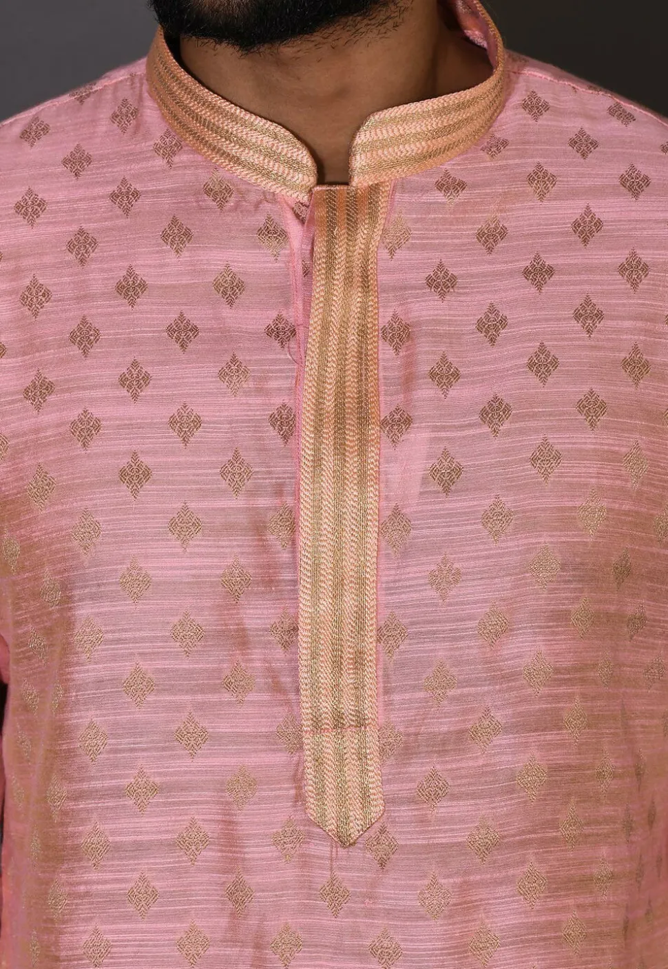 Embroidered Neckline Cotton Silk Jacquard Kurta Set in Pink