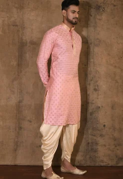 Embroidered Neckline Cotton Silk Jacquard Kurta Set in Pink