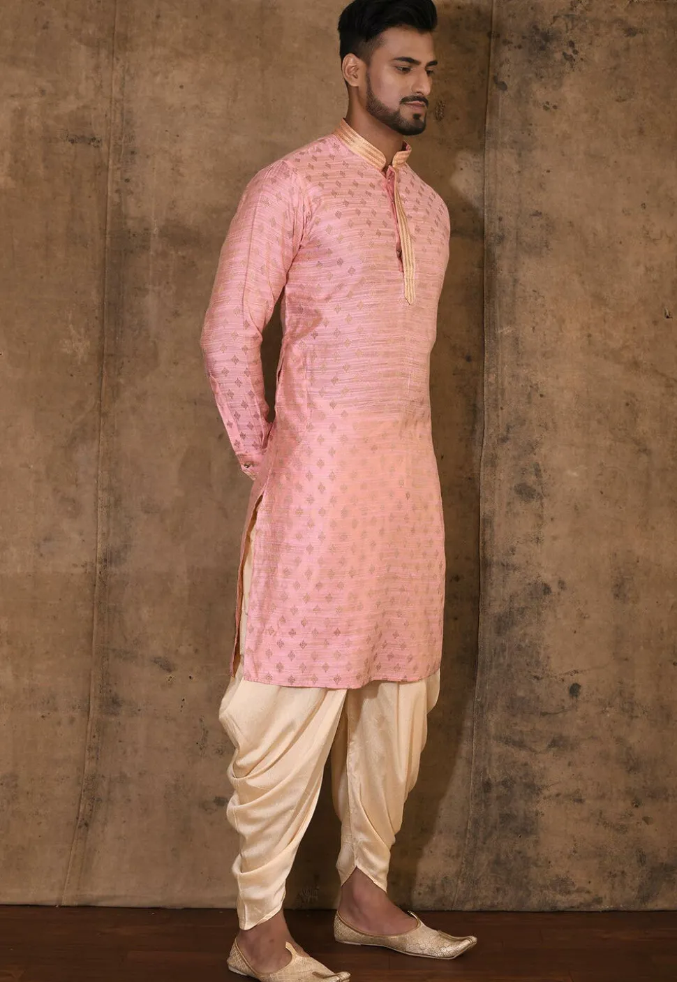 Embroidered Neckline Cotton Silk Jacquard Kurta Set in Pink