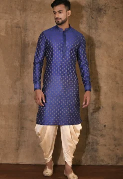 Embroidered Neckline Cotton Silk Kurta Set in Royal Blue