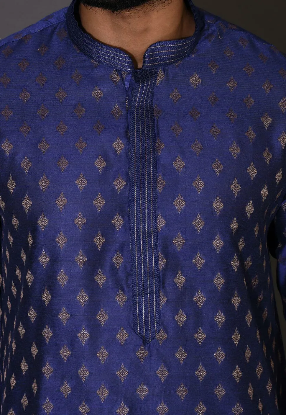 Embroidered Neckline Cotton Silk Kurta Set in Royal Blue