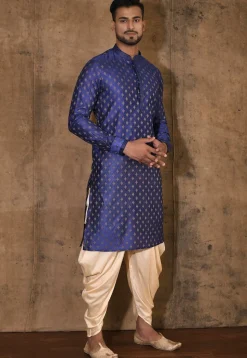Embroidered Neckline Cotton Silk Kurta Set in Royal Blue