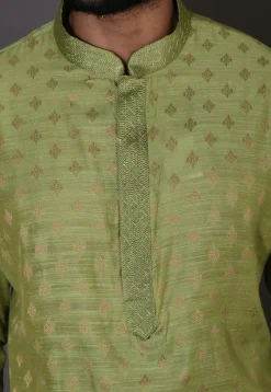 Embroidered Neckline Cotton Silk Jacquard Dhoti Kurta in Green
