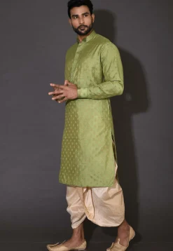 Embroidered Neckline Cotton Silk Jacquard Dhoti Kurta in Green