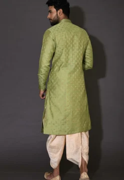 Embroidered Neckline Cotton Silk Jacquard Dhoti Kurta in Green