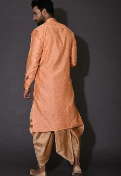Embroidered Neckline Cotton Silk Jacquard Dhoti Kurta in Peach