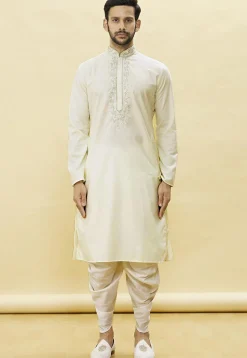 Embroidered Neckline Cotton Dhoti Kurta in Cream