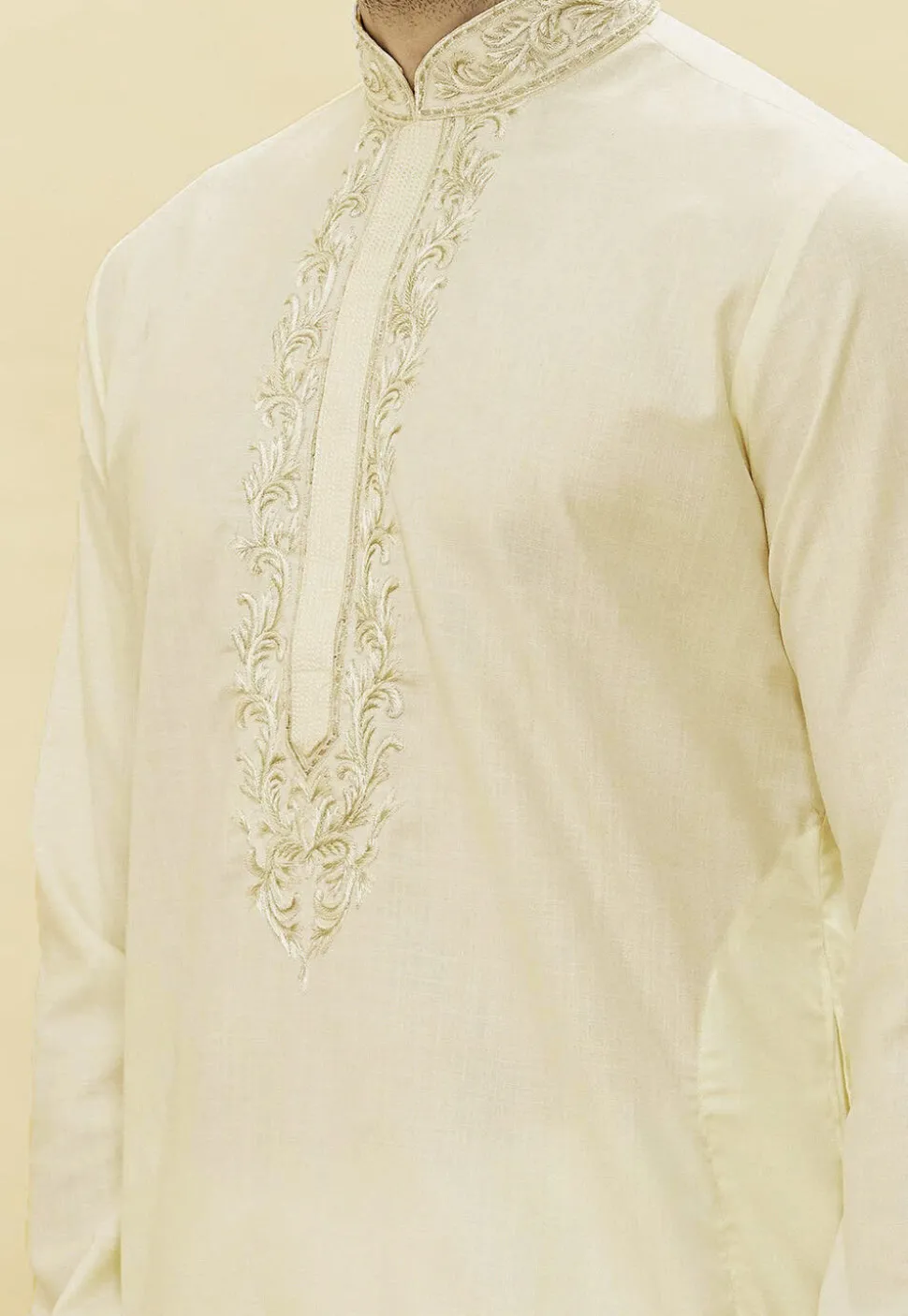 Embroidered Neckline Cotton Dhoti Kurta in Cream