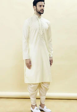Embroidered Neckline Cotton Dhoti Kurta in Cream