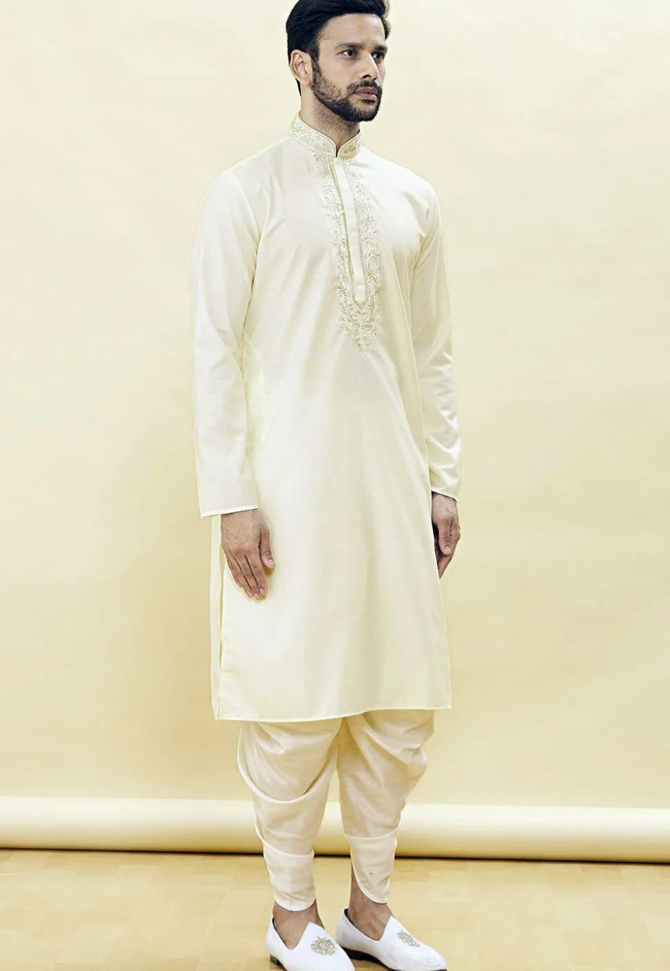 Embroidered Neckline Cotton Dhoti Kurta in Cream