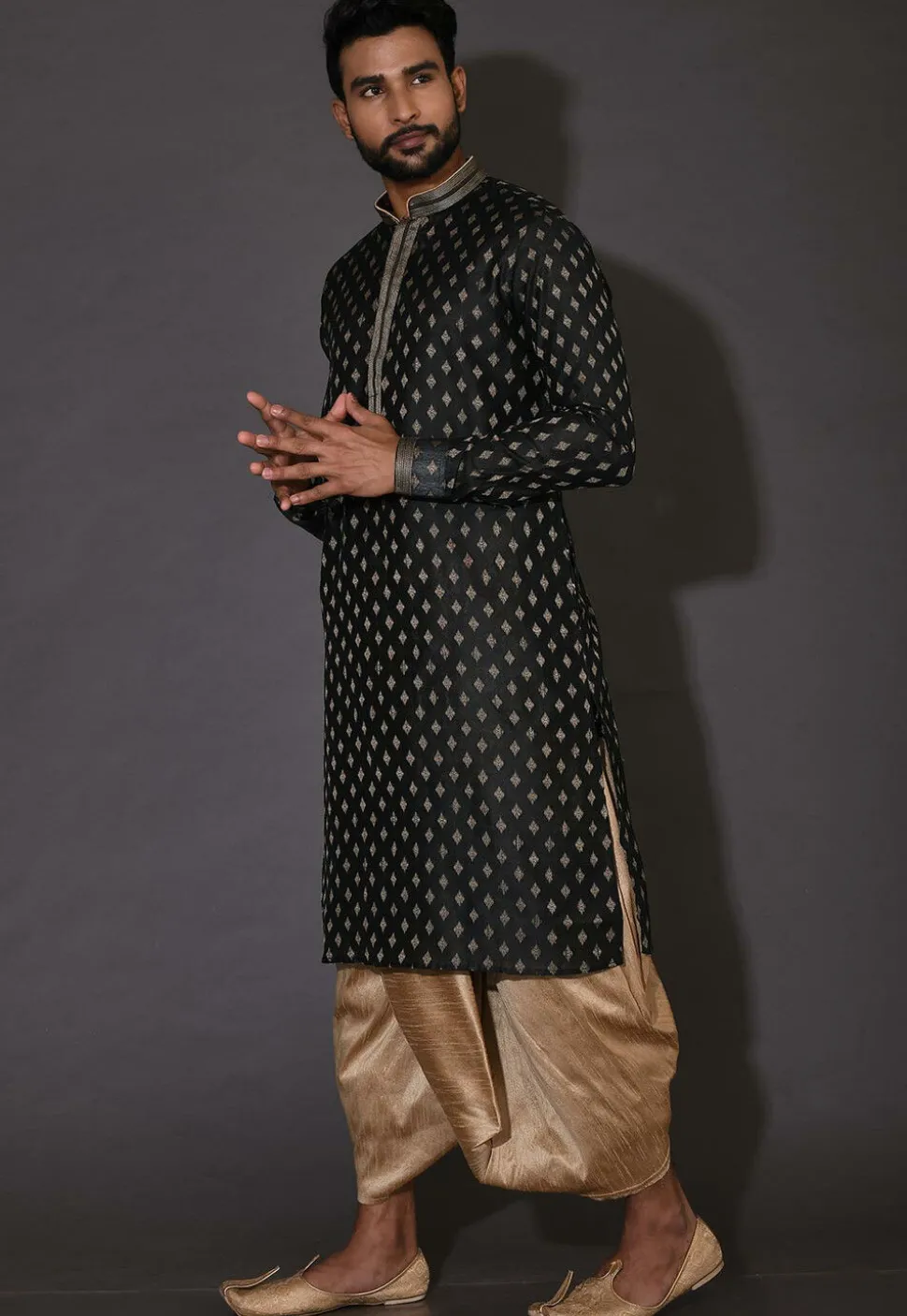 Embroidered Neckline Cotton Silk Jacquard Dhoti Kurta in Black