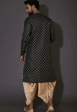 Embroidered Neckline Cotton Silk Jacquard Dhoti Kurta in Black