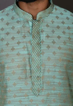 Embroidered Neckline Cotton Silk Kurta Set in Turquoise