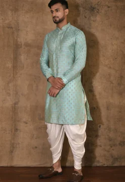 Embroidered Neckline Cotton Silk Kurta Set in Turquoise