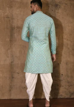 Embroidered Neckline Cotton Silk Kurta Set in Turquoise