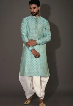 Embroidered Neckline Cotton Silk Dhoti Kurta in Turquoise