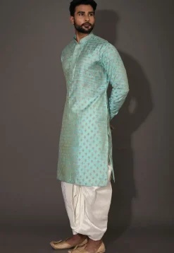 Embroidered Neckline Cotton Silk Dhoti Kurta in Turquoise