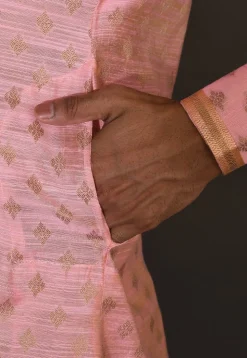 Embroidered Neckline Cotton Silk Jacquard Dhoti Kurta in Pink