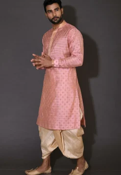 Embroidered Neckline Cotton Silk Jacquard Dhoti Kurta in Pink