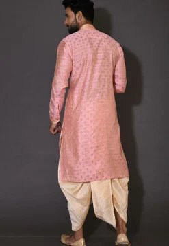Embroidered Neckline Cotton Silk Jacquard Dhoti Kurta in Pink