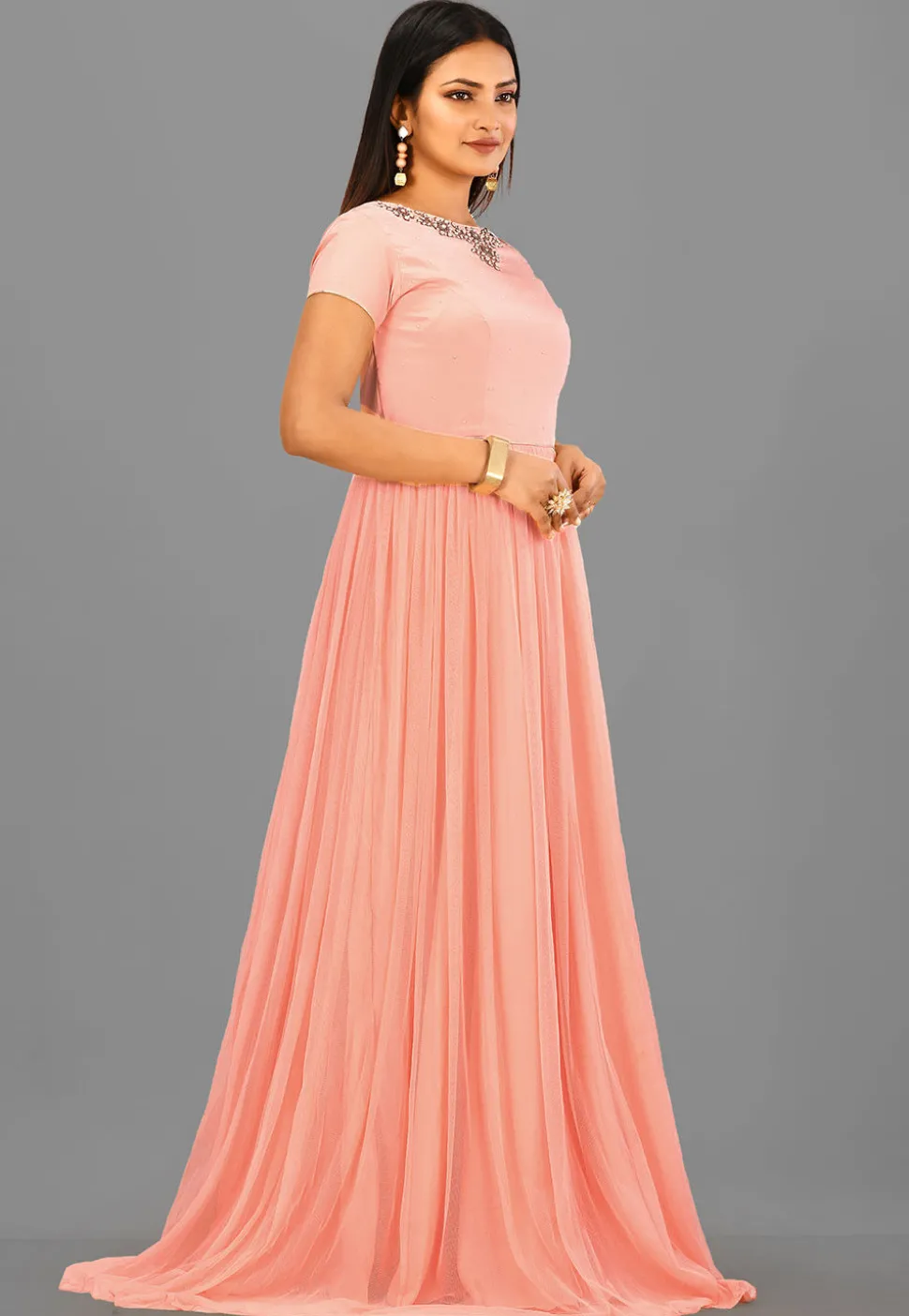 Embroidered Neckline Crepe and Net Gown in Peach