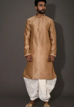 Embroidered Neckline Dupion Silk Dhoti Kurta in Dark Beige