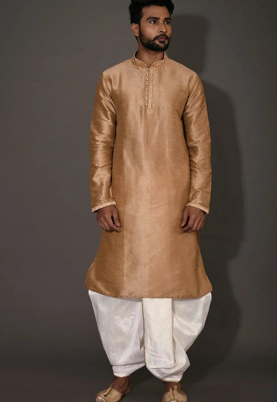 Embroidered Neckline Dupion Silk Dhoti Kurta in Dark Beige
