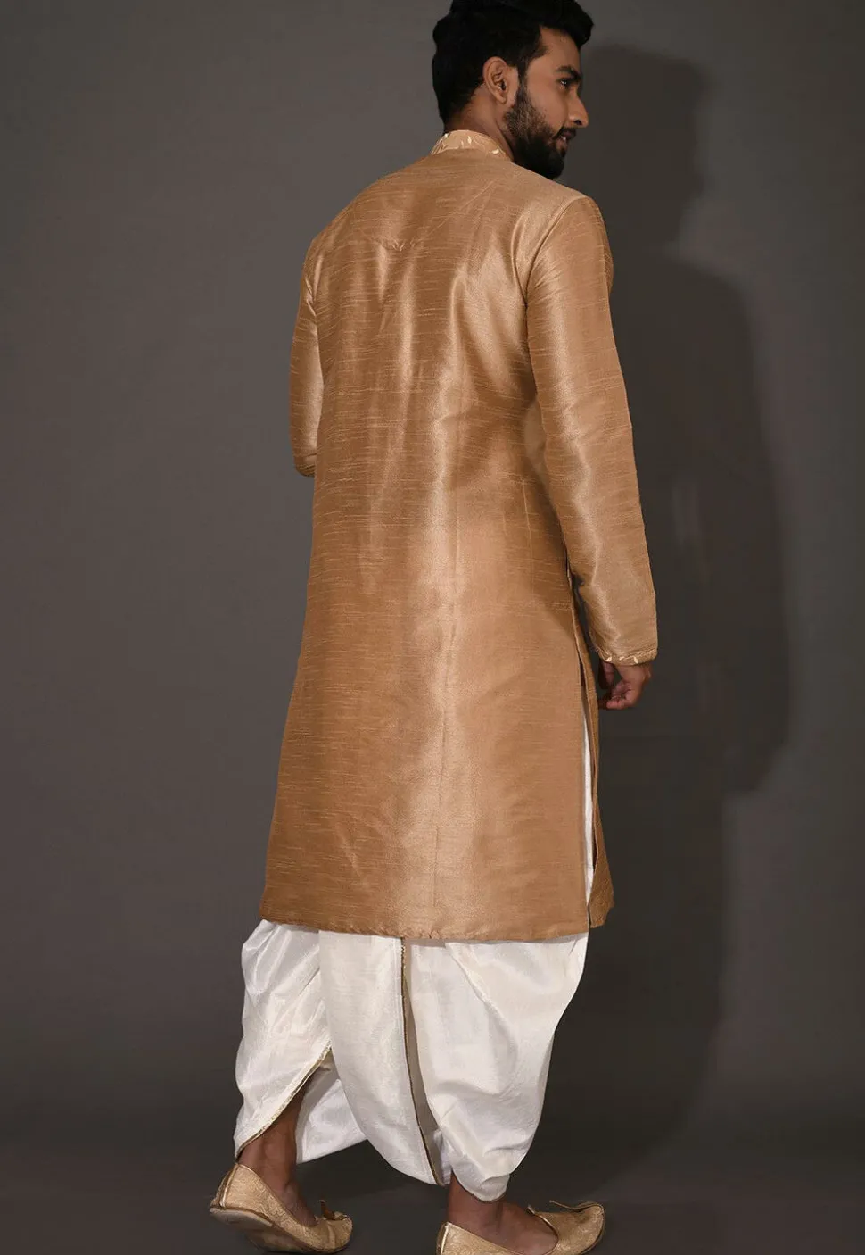 Embroidered Neckline Dupion Silk Dhoti Kurta in Dark Beige