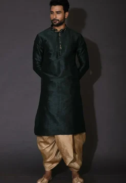 Embroidered Neckline Dupion Silk Dhoti Kurta in Dark Green