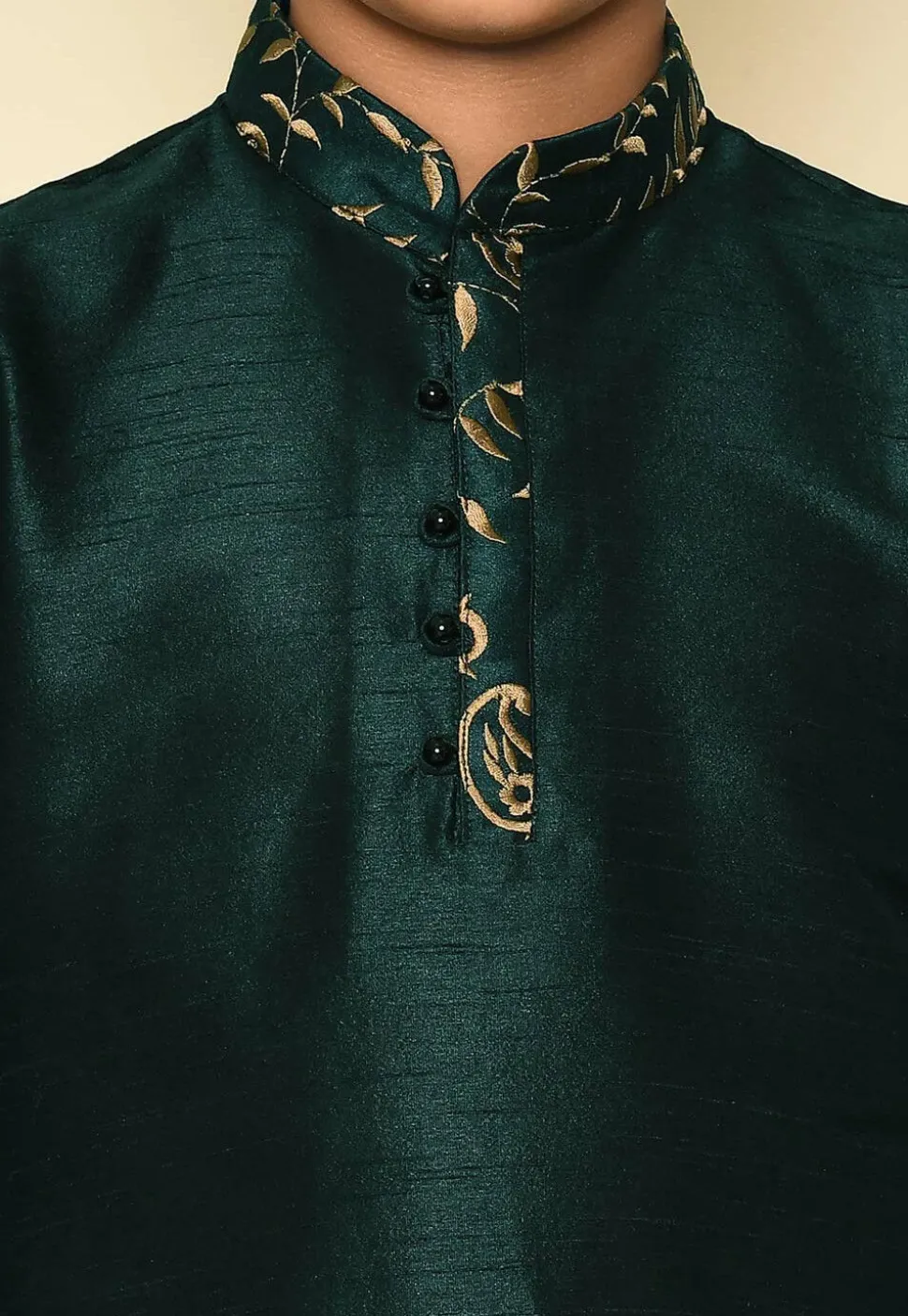 Embroidered Neckline Dupion Silk Kurta Set in Dark Green