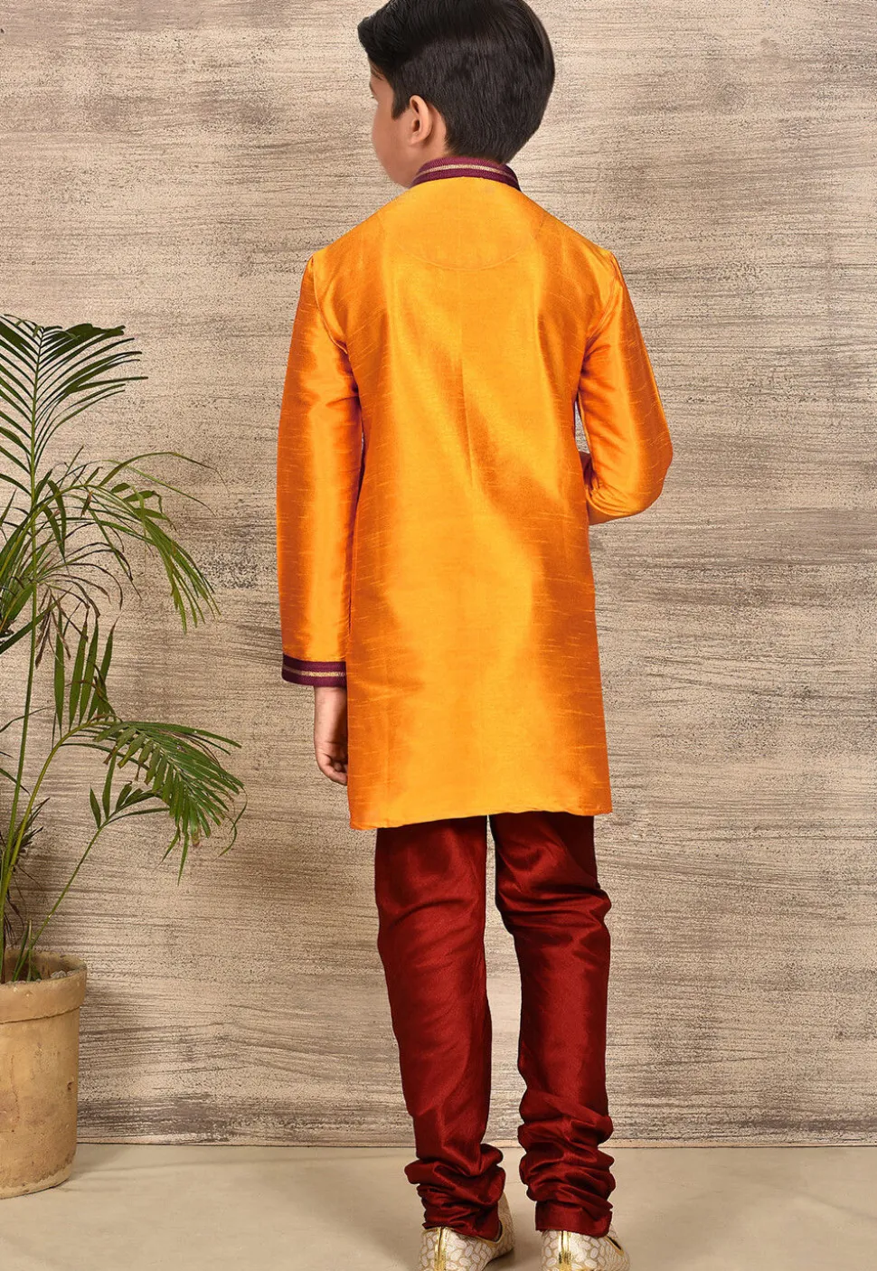 Embroidered Neckline Dupion Silk Kurta Set in Mustard