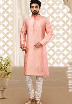 Embroidered Neckline Dupion Silk Kurta Set in Light Peach