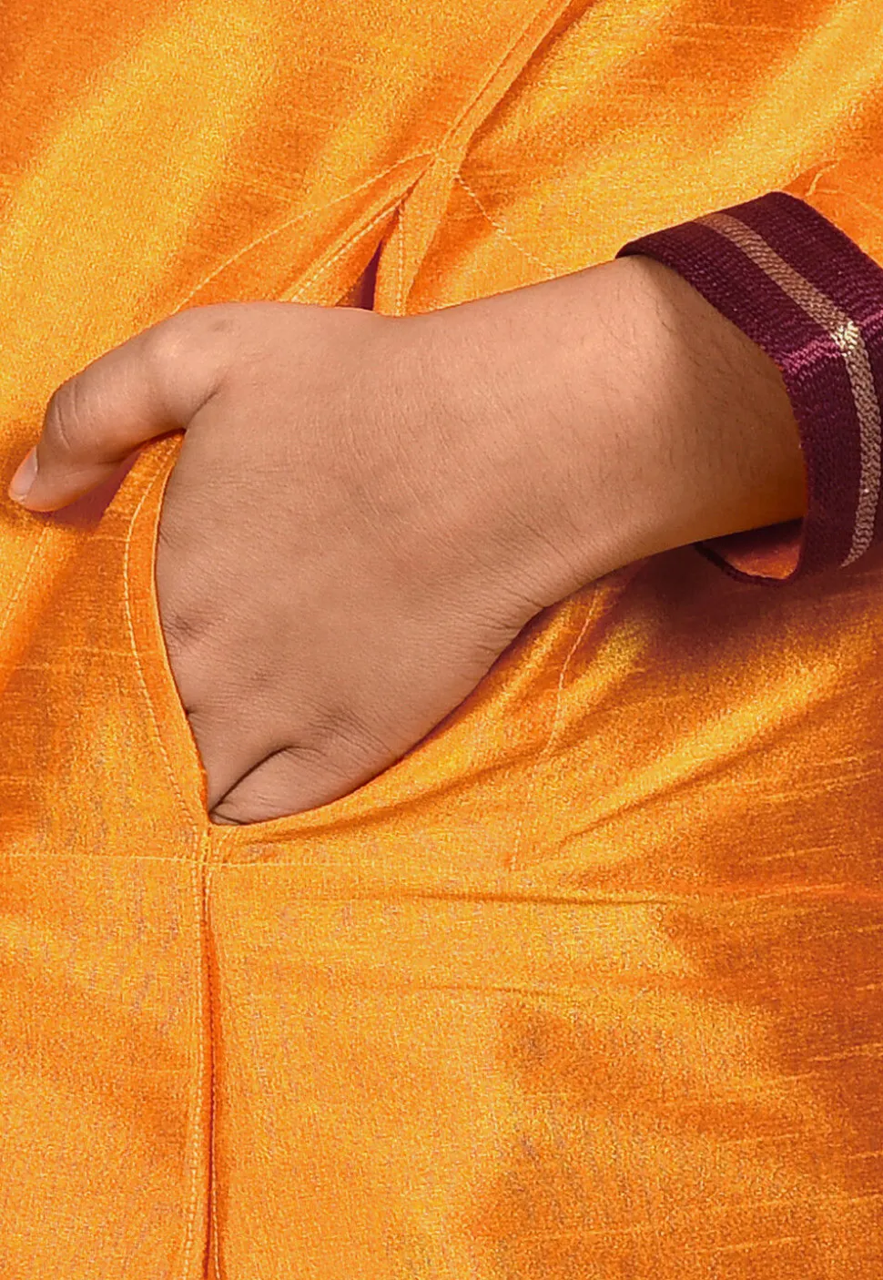 Embroidered Neckline Dupion Silk Kurta in Mustard